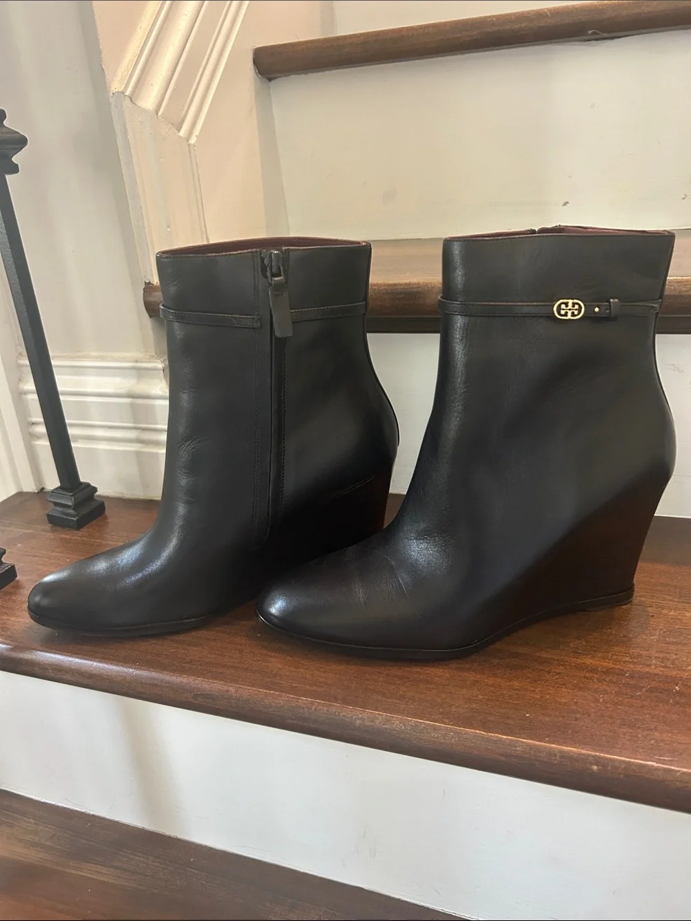 Tory Burch Dark Brown Leather Wedge Ankle Boots with Gold Logo